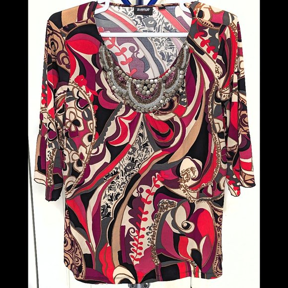 Stunning AVENUE 22/24 2X Red, Beige & Black Psychedelic Paisley Stretch Blouse - Picture 1 of 6